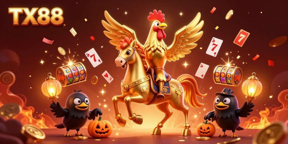 Experience the excitement of TX88 casino with a vibrant 3D scene of a golden rooster and lucky symbols.