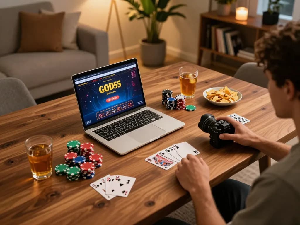 Engaging at God55 online casino from a cozy home setup with laptop and poker chips.