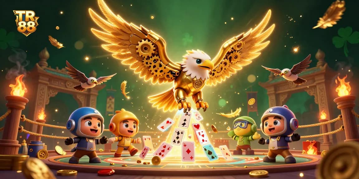 Experience thrilling gameplay at TR 88 with a 3D golden eagle soaring through holographic cards.