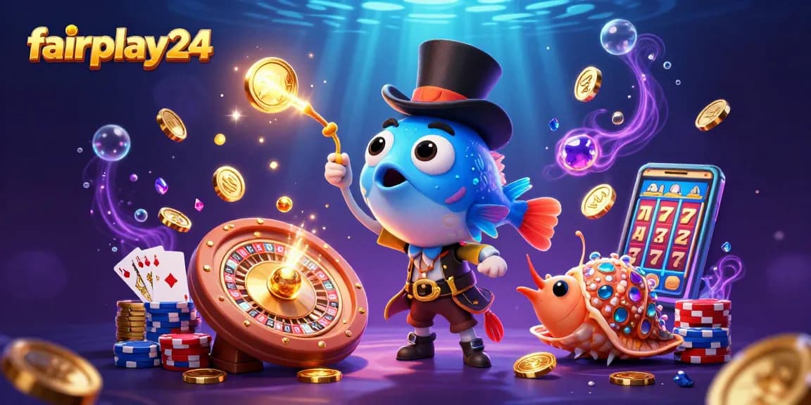 Experience the excitement of fairplay24 with a vibrant underwater casino scene featuring an anglerfish, shrimp, and treasure snail.