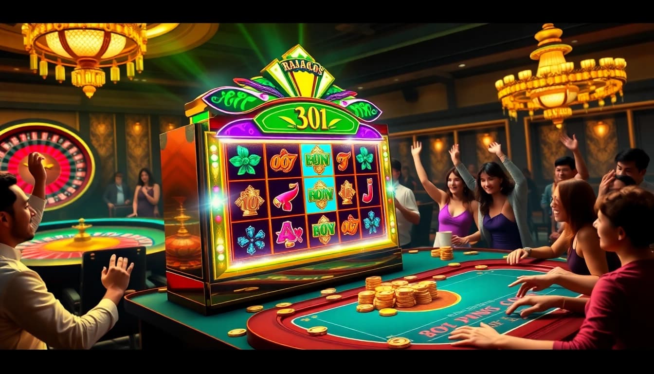 Players celebrate big wins on RAJAGACOR slots in a luxurious casino setting.