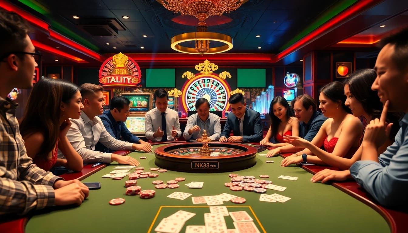 Players experiencing thrilling games at https://nk88s.com/ with vibrant casino elements like poker chips and a roulette wheel.