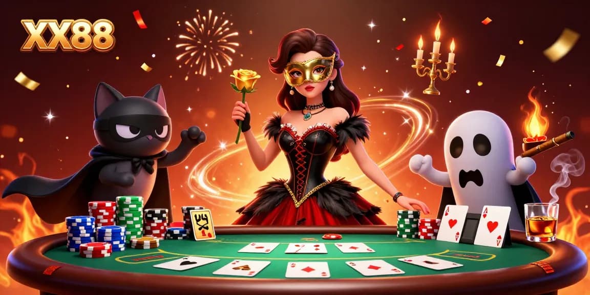 Engage with XX88's exciting poker scene, featuring a glamorous woman and vibrant casino elements.