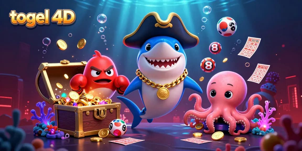 Engage with a vibrant togel 4D scene full of characters, treasure elements, and lottery surprises.
