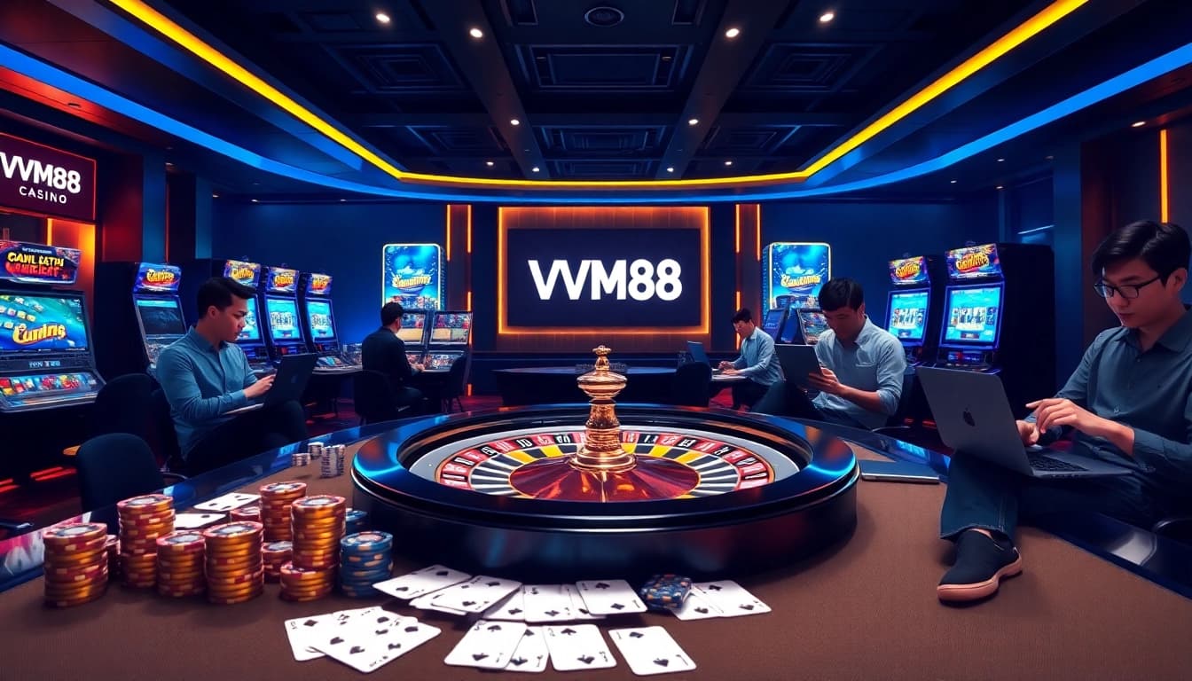 Engaging VM88 casino players placing strategic bets at vibrant poker tables and roulette wheels online