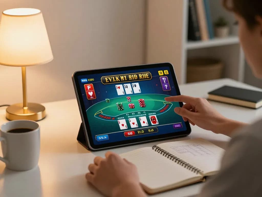 Person engaging with online blackjack on tablet at home with transcrime strategies and cozy setup