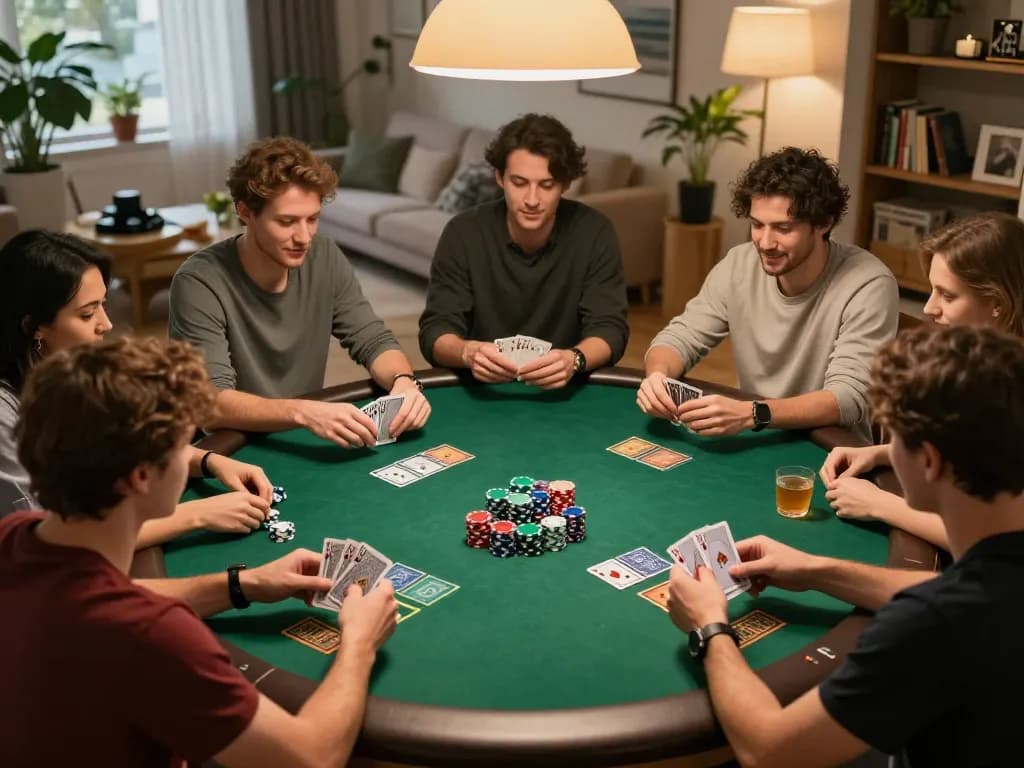 Malam poker SBOBET bersama teman-teman yang memainkan tangan strategis di meja yang stylish, suasana yang hidup, dan energi kompetitif