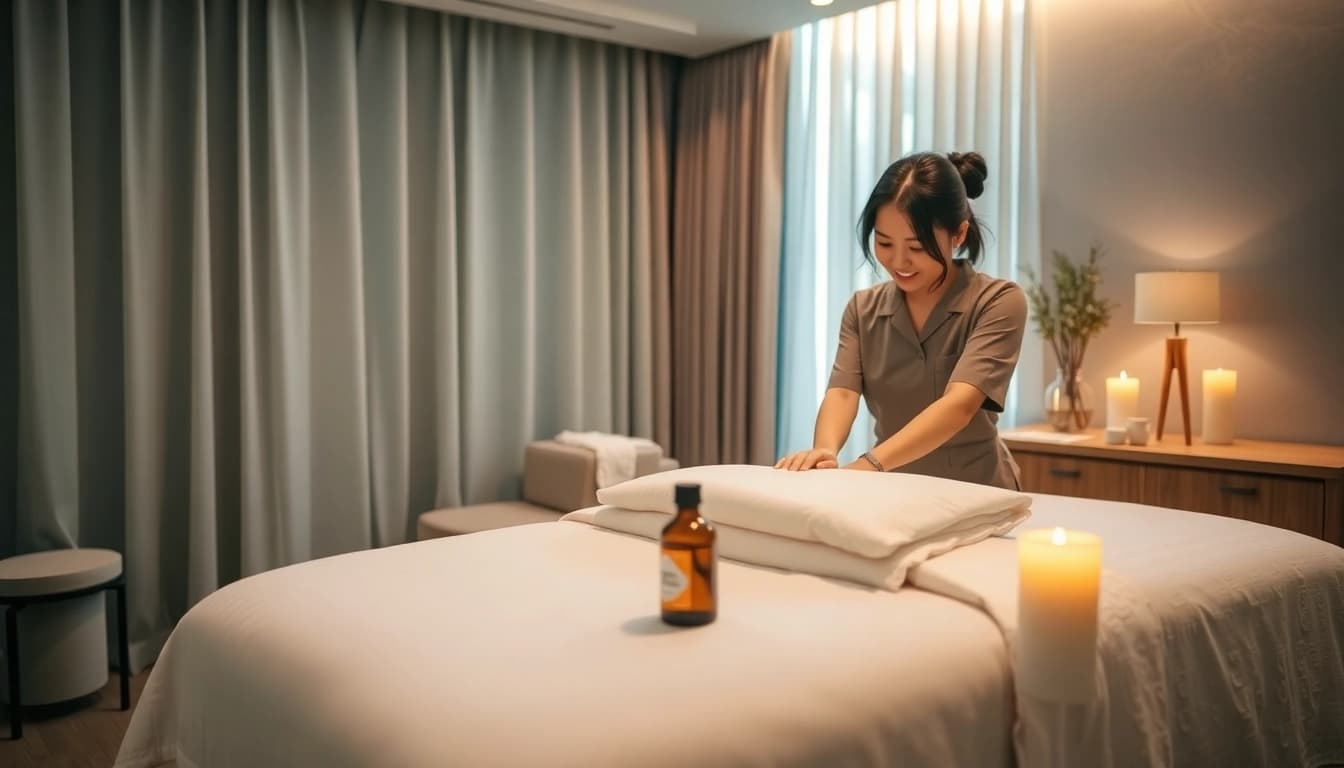 Peaceful setting for 평택출장마사지, showcasing a mobile massage setup in a hotel room with a professional therapist.
