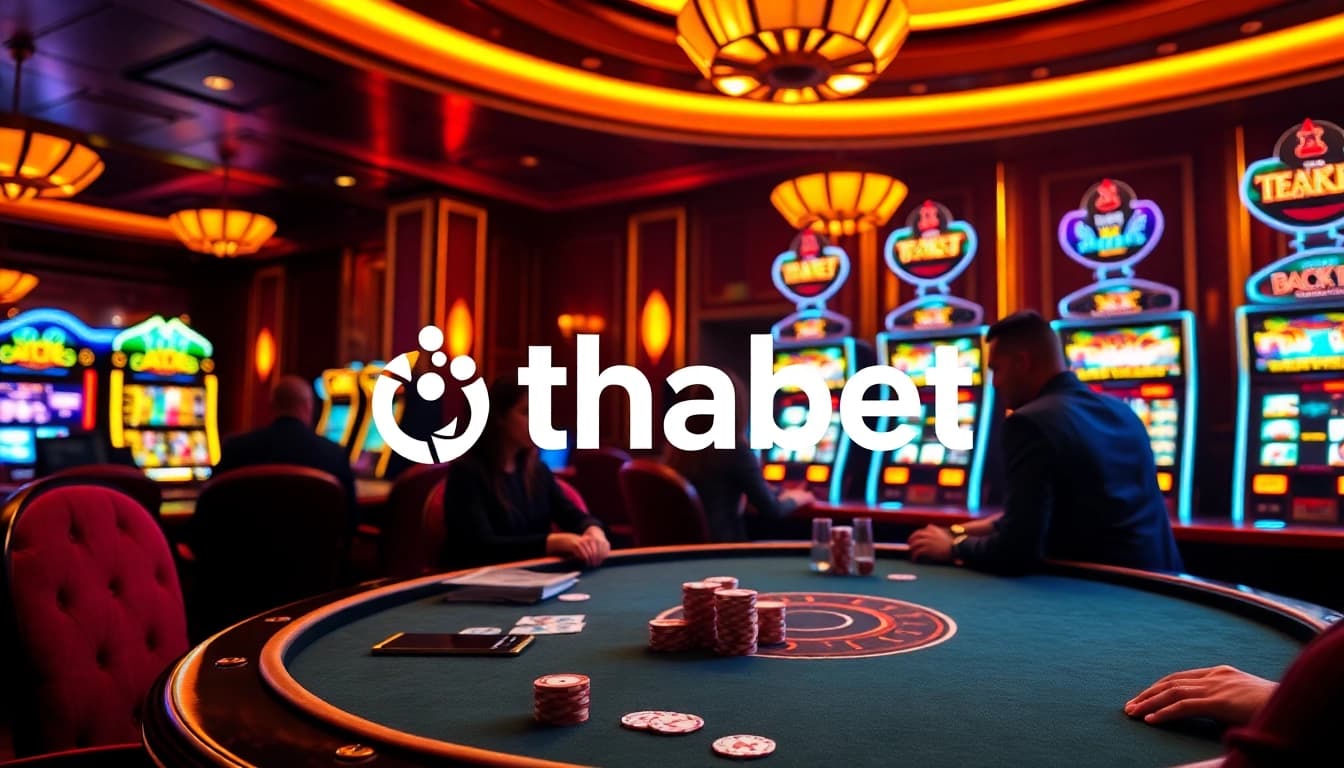 Engaging poker scene at Thabet casino with players and vibrant slot machines.