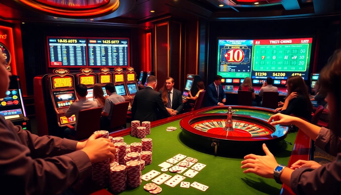Players enjoying the excitement of C168 in a luxurious casino atmosphere with vibrant slot machines and tables.