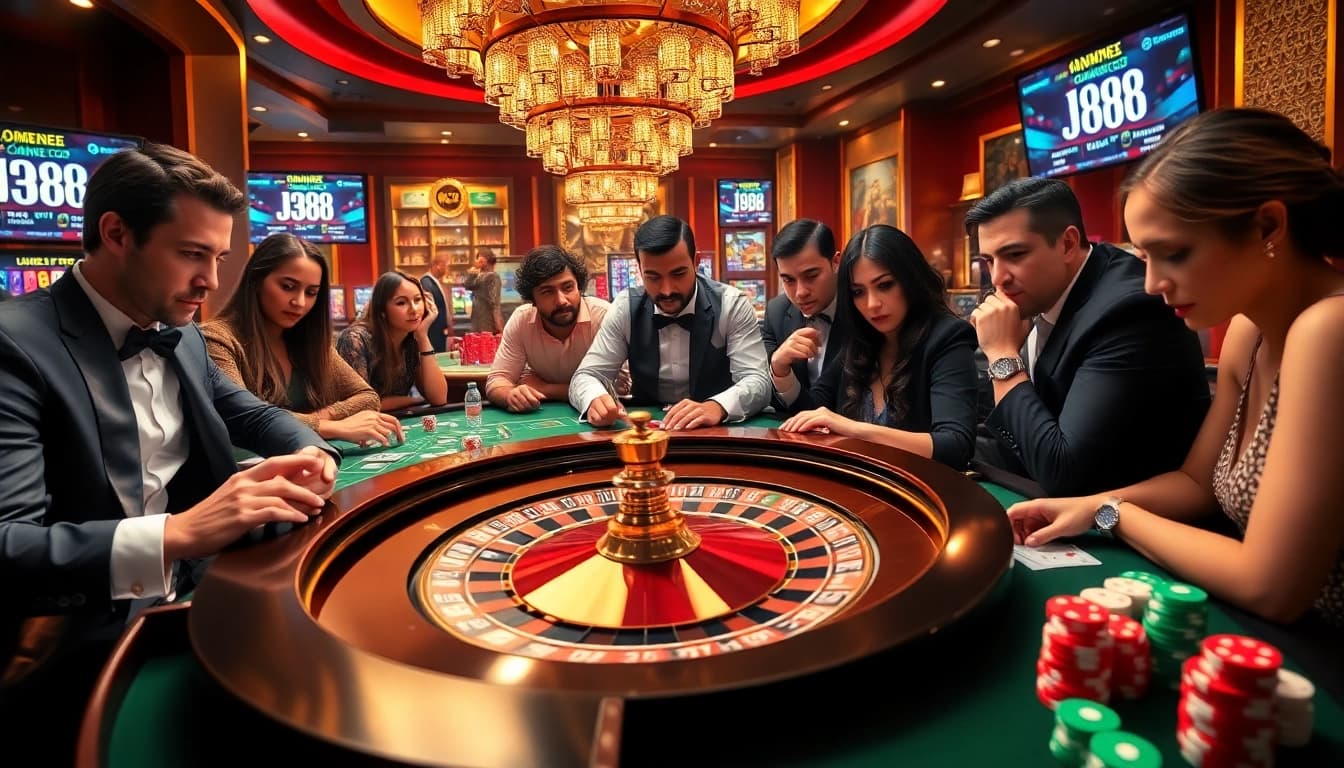 Engage in thrilling gaming experience at https://j88.gives/ with vibrant casino tables, colorful chips, and big wins.