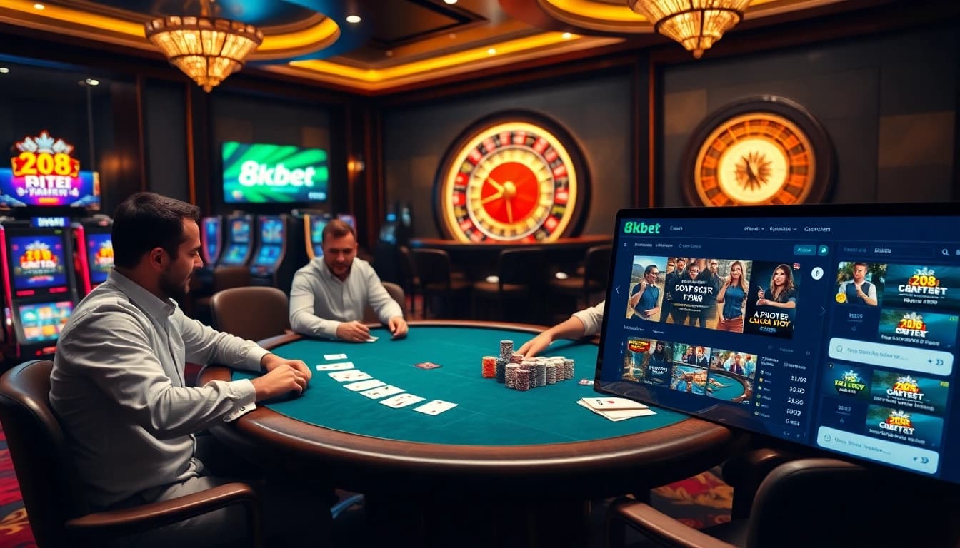 8kbet offers a thrilling casino experience with professional poker players and vibrant slot machines.