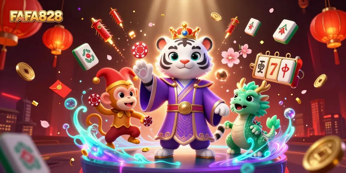 FAFA828 slots scene with a tiger, monkey, and jade dragon celebrating wins.