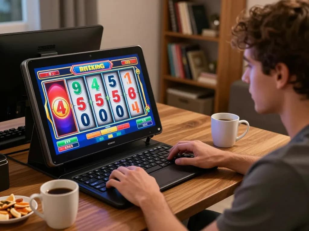 Engaging in online slot gaming with colorful interface, reflecting strategic gameplay at home.
