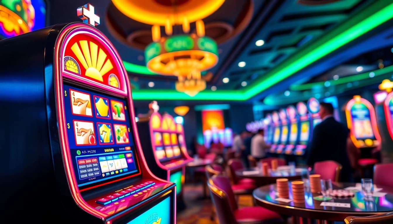 Menangkan permainan garasislot di mesin slot yang cerah di kasino dengan suasana yang meriah.