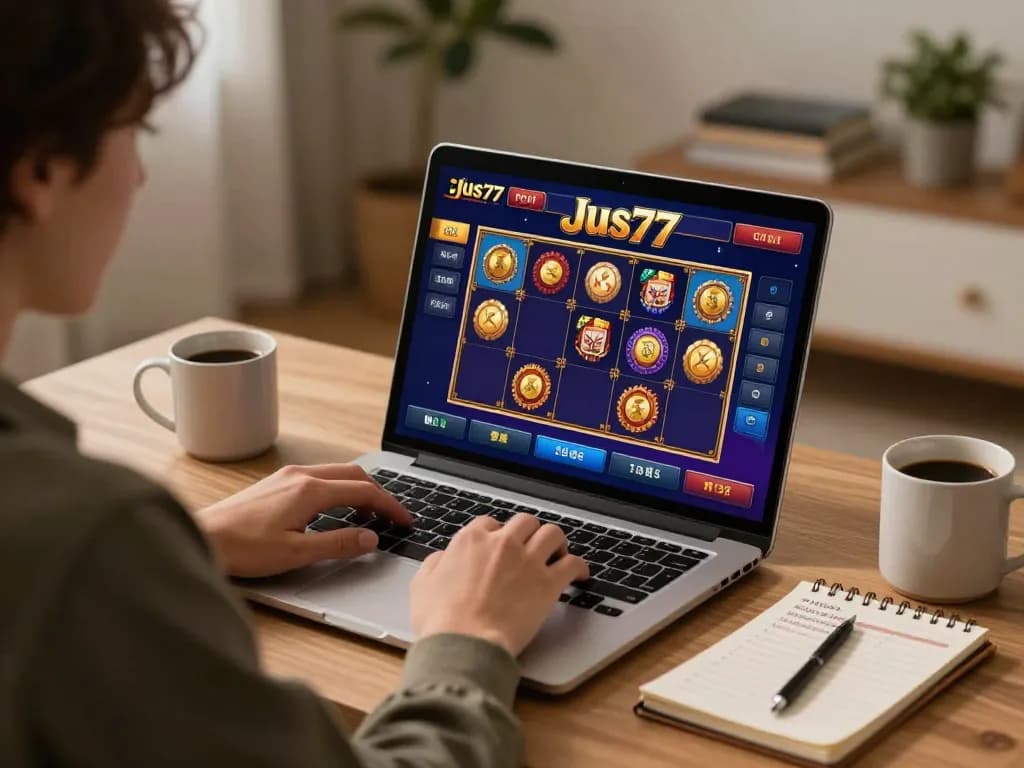 Engaging in the Jus77 online slot game at home, with a cozy setup showing betting strategies.
