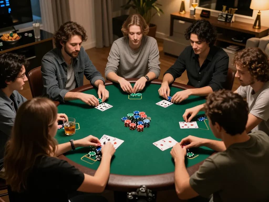 A cozy home poker night with friends enjoying 789club, colorful chips and casual atmosphere.
