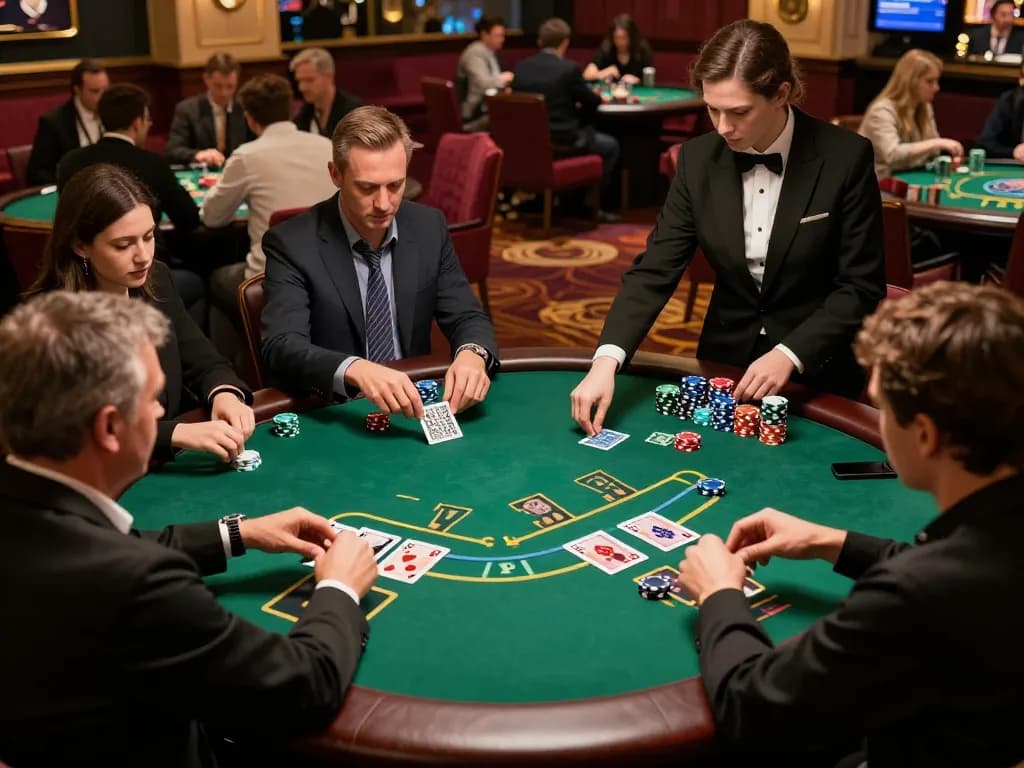 Players engaging in blackjack at cm88, showcasing intense action and upscale casino ambiance.