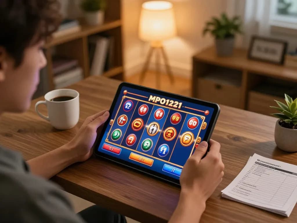 Pemain MPO1221 menikmati permainan slot online yang cerah di tablet di setting rumah yang nyaman.