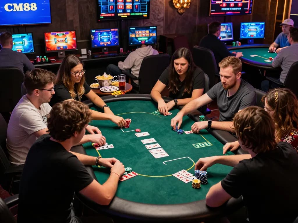 CM88 players strategizing during an online poker game, vibrant atmosphere of digital gambling.