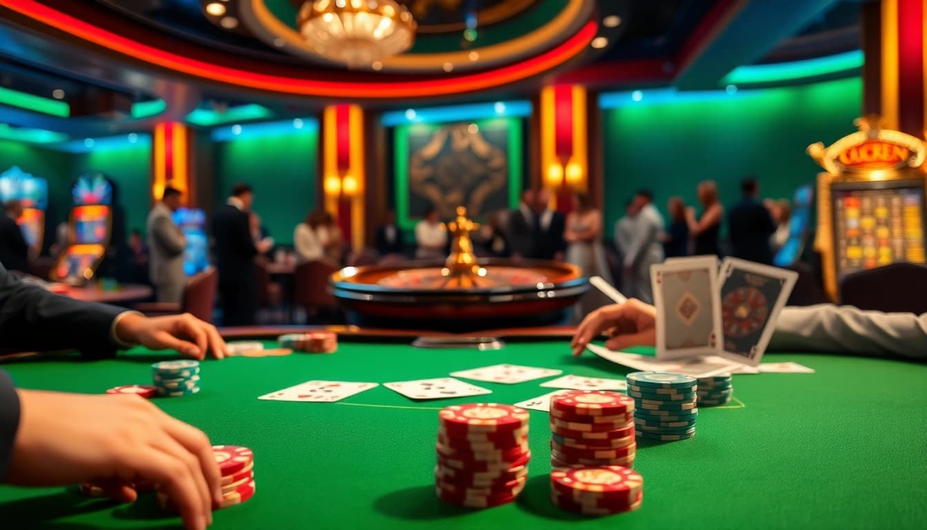 Players enjoying poker at g28-offical.com, showcasing excitement with vibrant chips and cards.