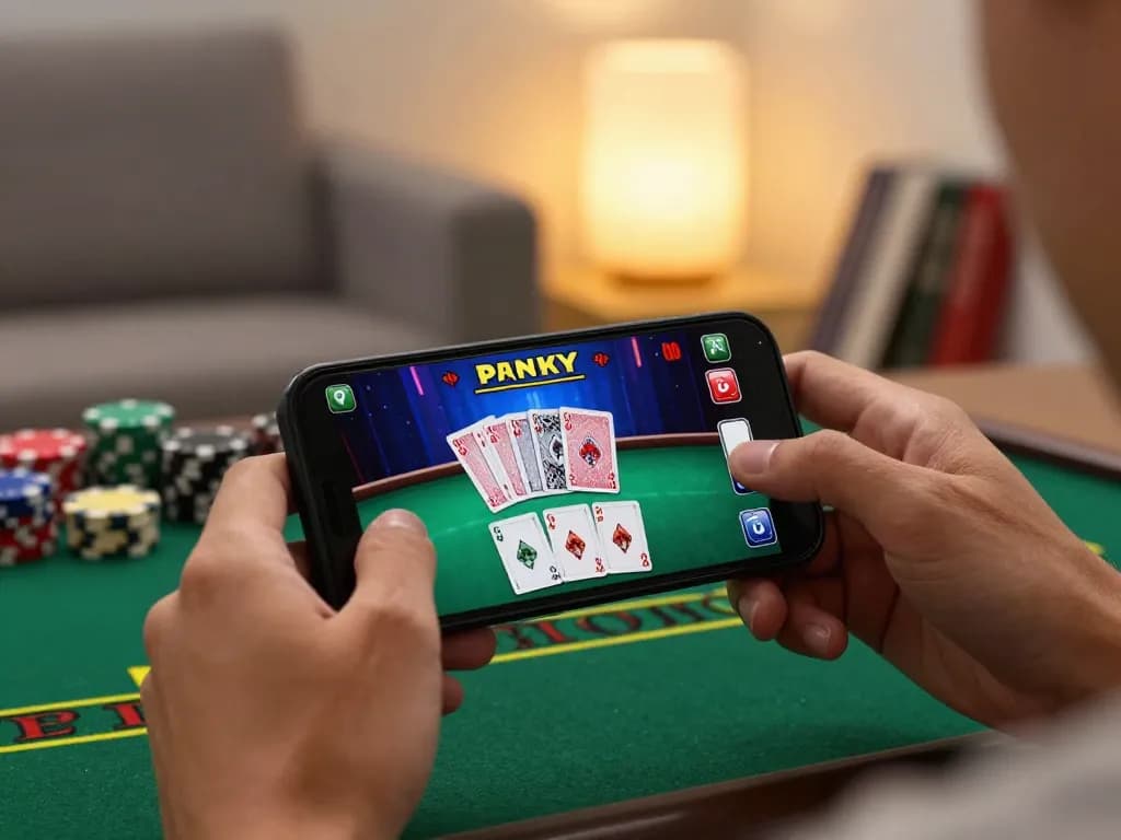 Player enjoying kjc mobile gaming with a live dealer blackjack game on phone, cozy atmosphere.