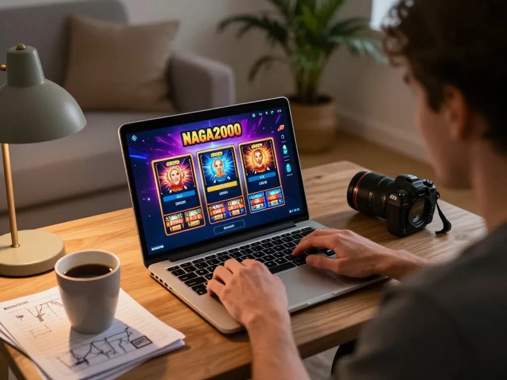 NAGA2000 user enjoying online slots in a cozy setup with vibrant gaming graphics and strategy notes.