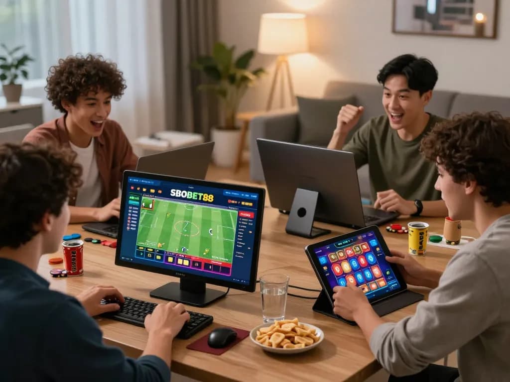 SBOBET88 online gamblers enjoying thrilling games in a lively home setting with modern decor.