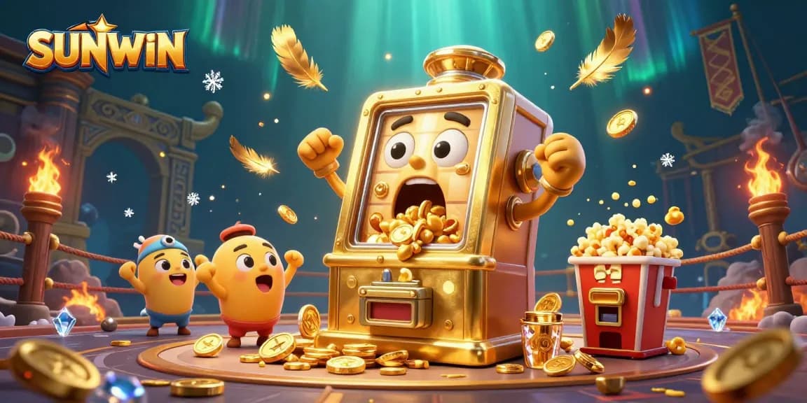 SUNWIN jackpot celebration scene with a golden slot machine and cheering companions, showcasing winnings and excitement.