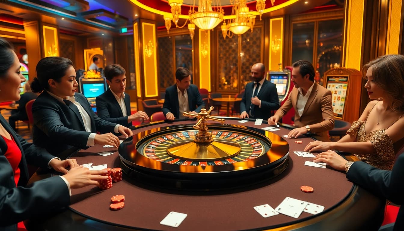 Experience the thrill of betting at https://lu88bb.com/ with an elegant roulette table surrounded by excited players.