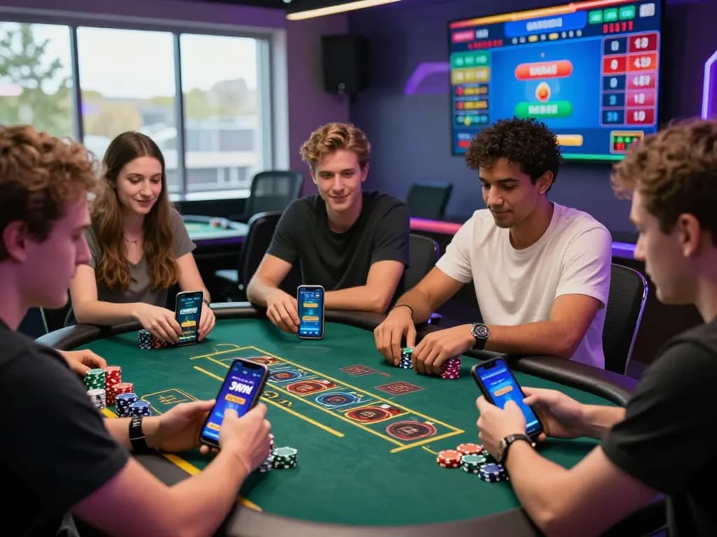 Diverse group of friends enjoying live casino games on smartphones at https://3win.baby/, showcasing excitement and strategic interaction in a vibrant atmosphere.