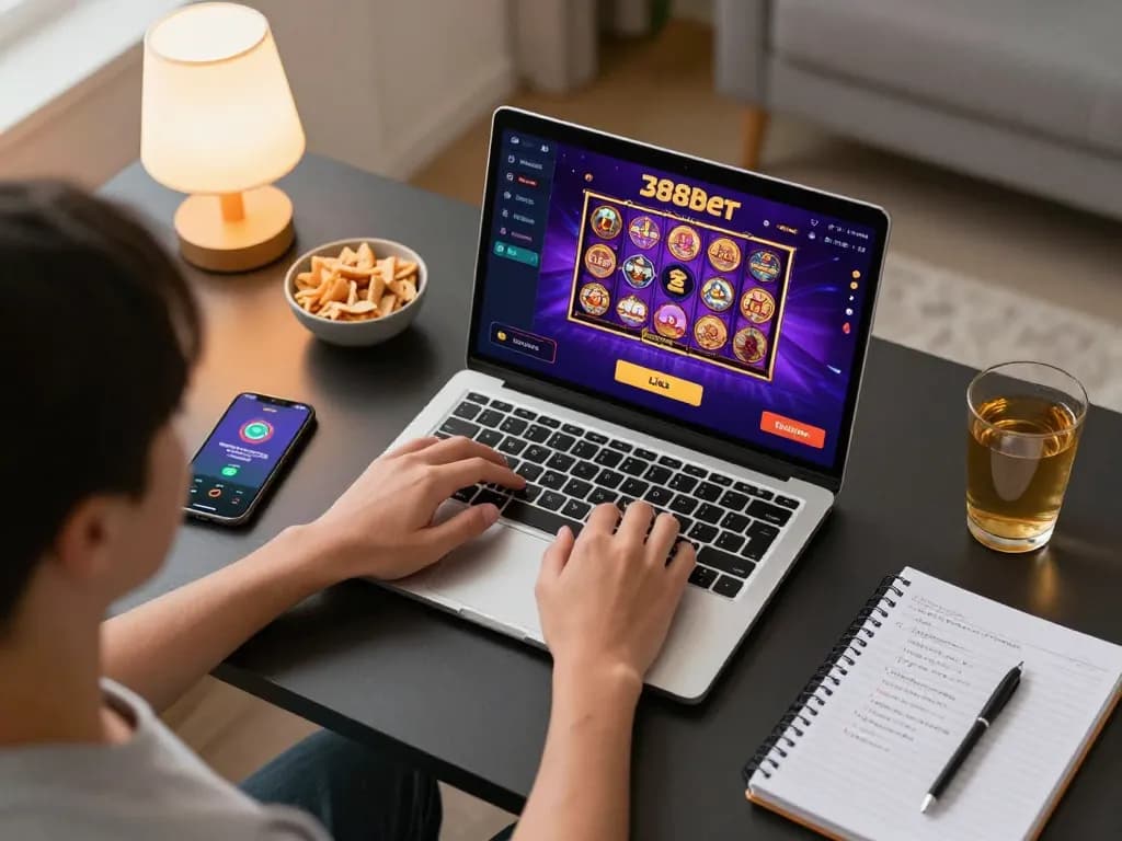 Engaging in online gambling at 388bet with a colorful interface on the laptop, relaxing atmosphere.