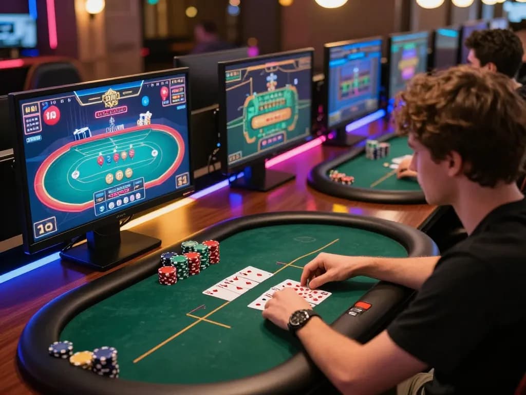 Experience thrilling online gambling with 88aa poker gameplay on multiple screens in a stylish setup.