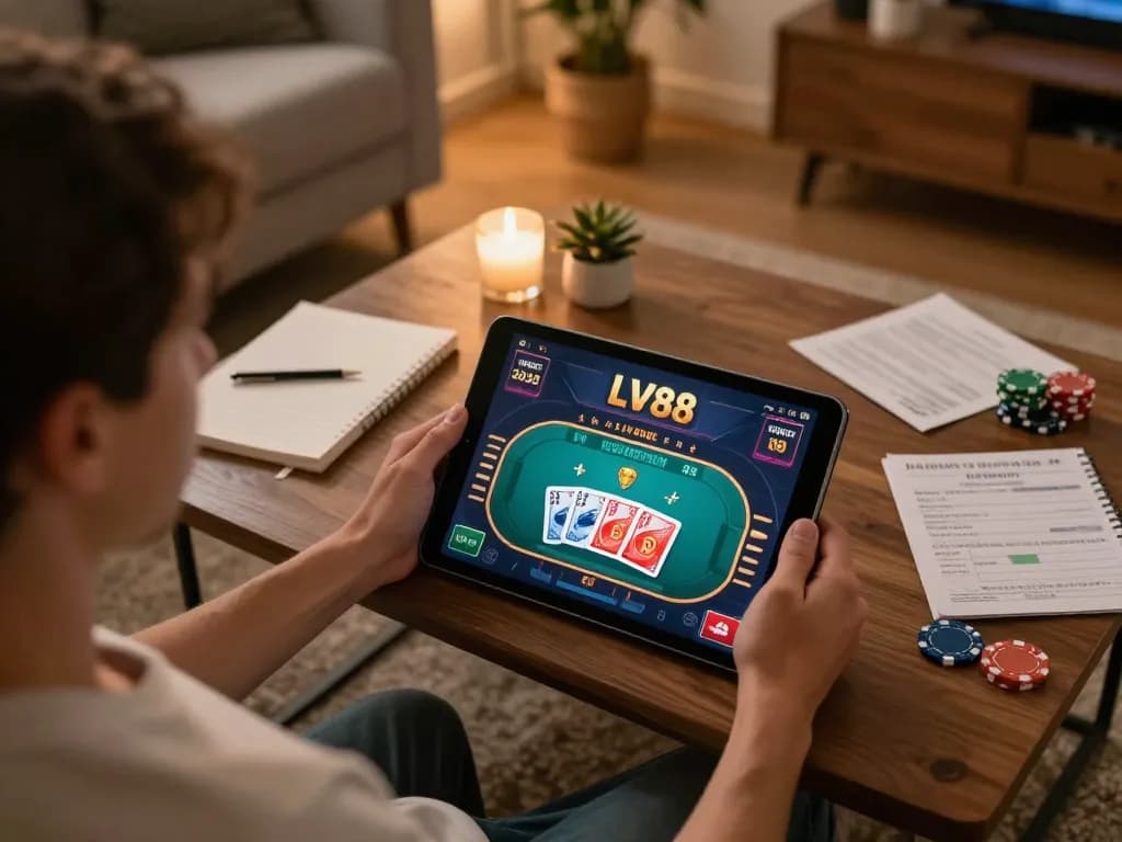 A player enjoying an LV88 online casino game at home, with strategic notes and a cozy atmosphere.