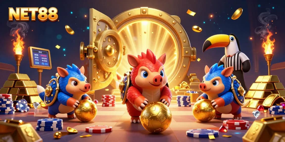 Rival pangolins compete in NET88 casino with golden treasures and poker chips.