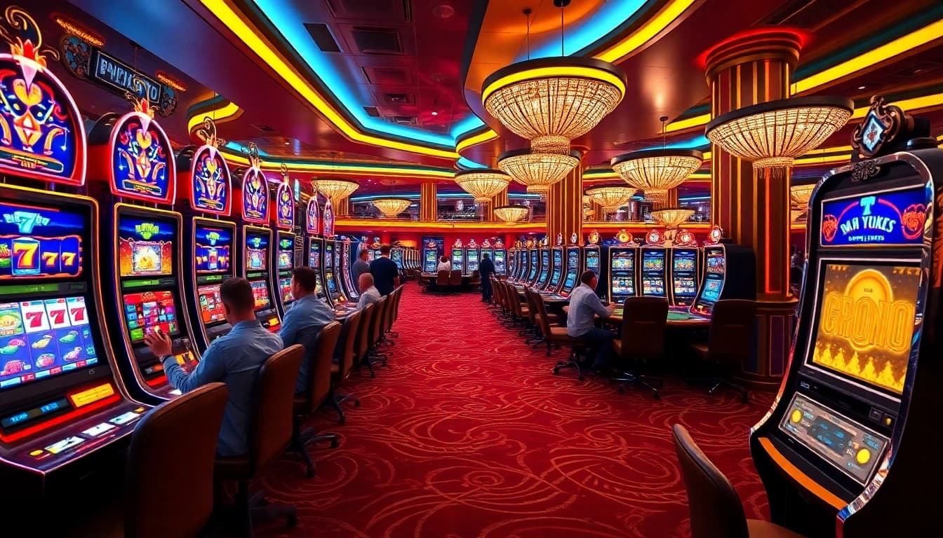 Players enjoying vibrant slot gacor machines in an upscale casino scene, surrounded by excitement.