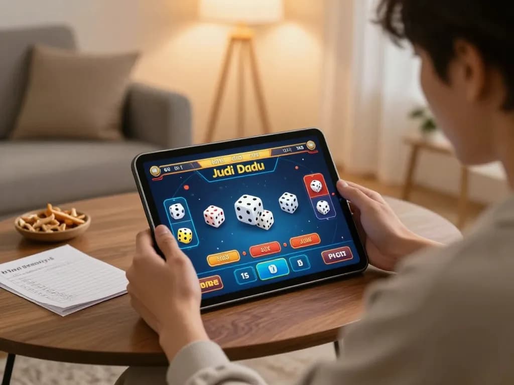 Engaging in Judi Dadu online, showcasing a player enjoying a live dice game on a tablet.