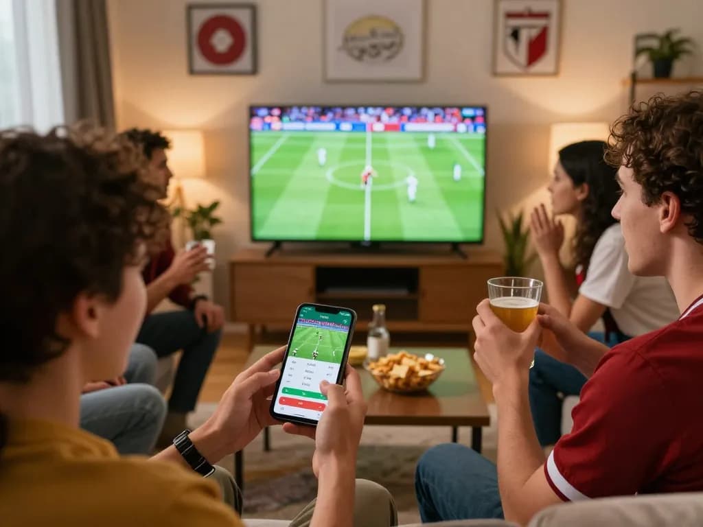 Engaged sports bettors enjoying live action while placing bets on https://rr888.shopping/ app.