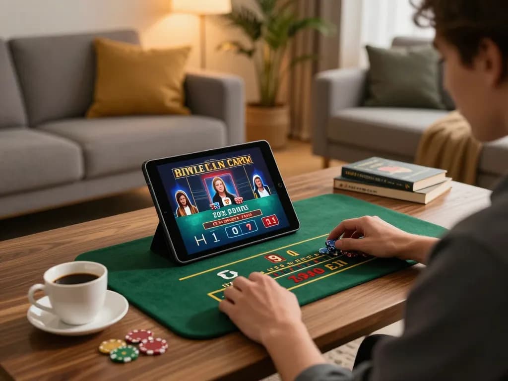Experience online gambling with lucky88 in a cozy home setting, engaging with live dealer games.