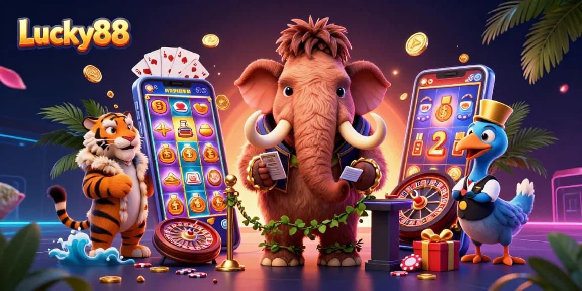 Experience the excitement of Lucky88 with vibrant casino action featuring characters and game elements.