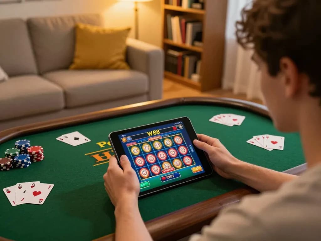 Engaging with W88 casino gameplay on a tablet, showcasing interactive slot game in cozy home setting.