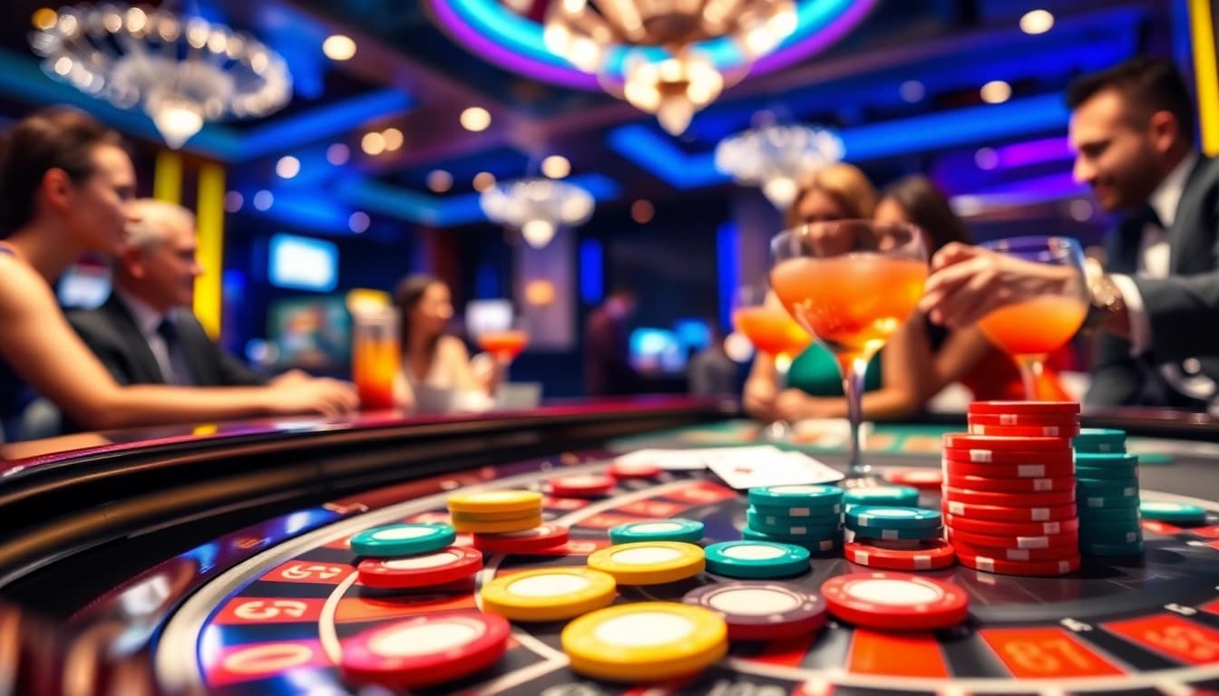 Spiele casino spielen an einem aufregenden Roulette-Tisch mit lebendigen Farben und Spielern.