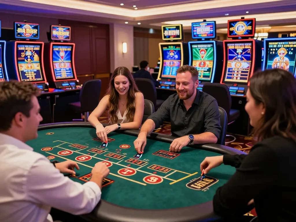 Exciting gameplay at af88 casino with players at tables and vibrant slot machines.