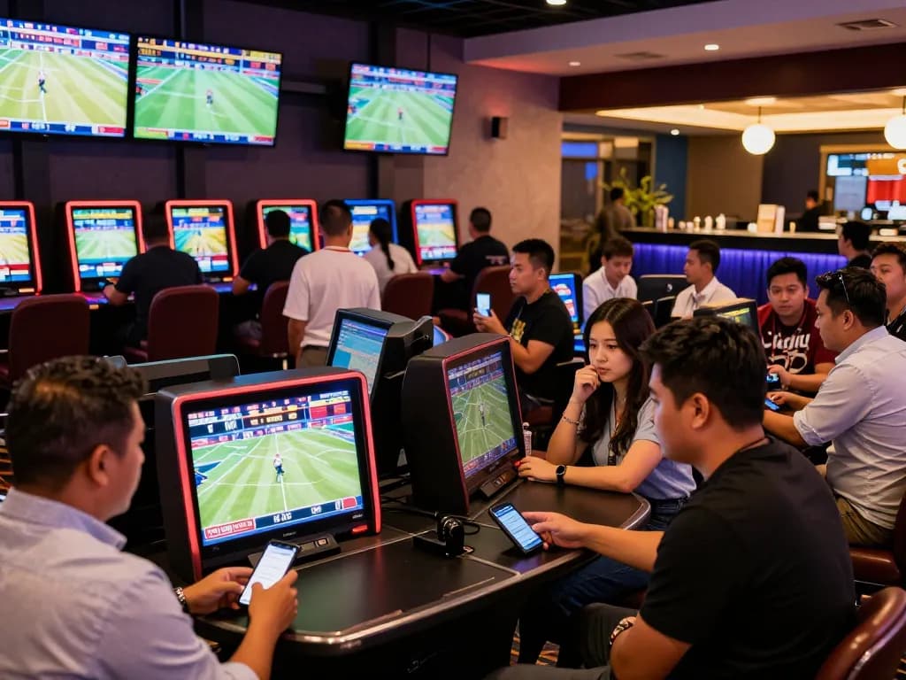 UU88 bettors engaging with live sports betting screens, excitedly placing wagers in a vibrant casino atmosphere.