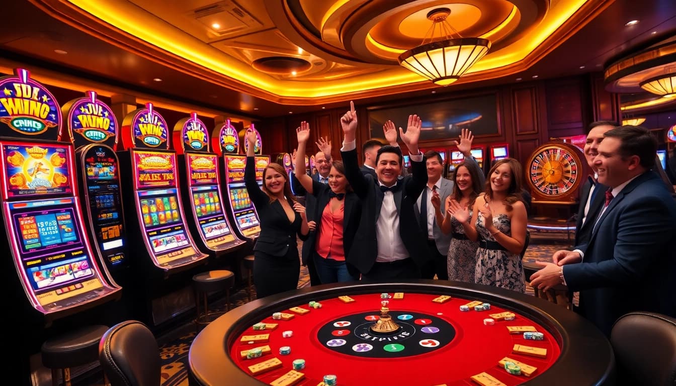 Players celebrating big wins on exciting slot gacor machines in a luxurious casino.