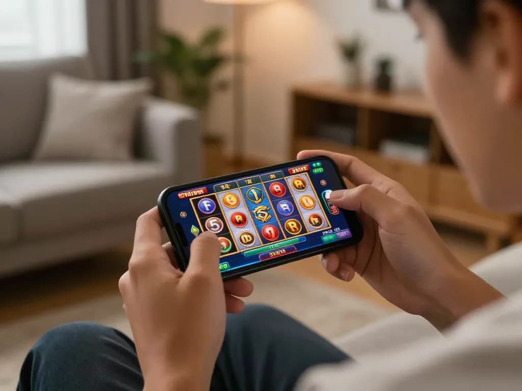 Players enjoying to288 online slots on a smartphone in a cozy home atmosphere.