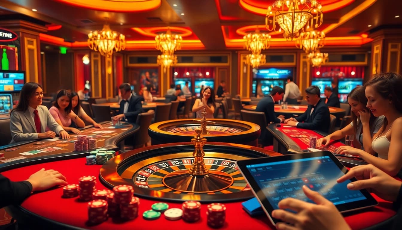Experience thrilling gameplay at luck8 with vibrant casino tables, poker chips, and an interactive roulette wheel.