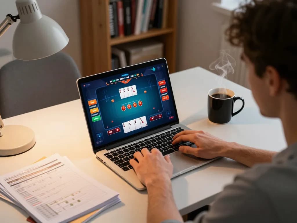 Player mastering poker strategies on 99Win during a focused online gaming session at home