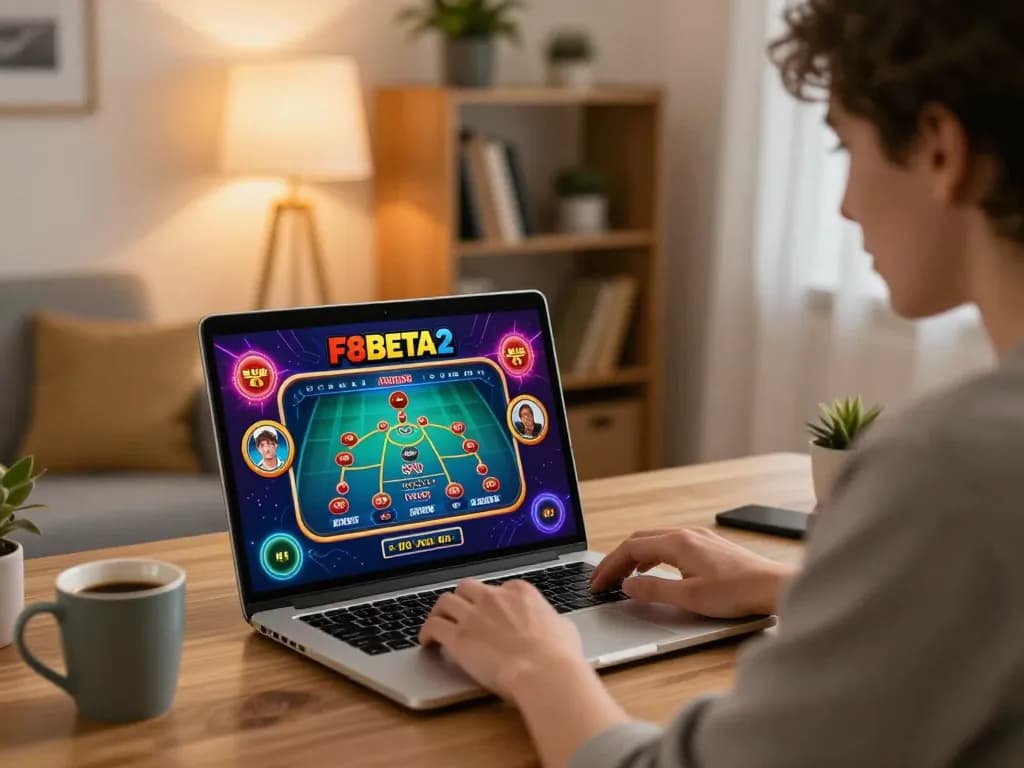 Player enjoying F8Beta2 online casino on laptop in a cozy home setting.