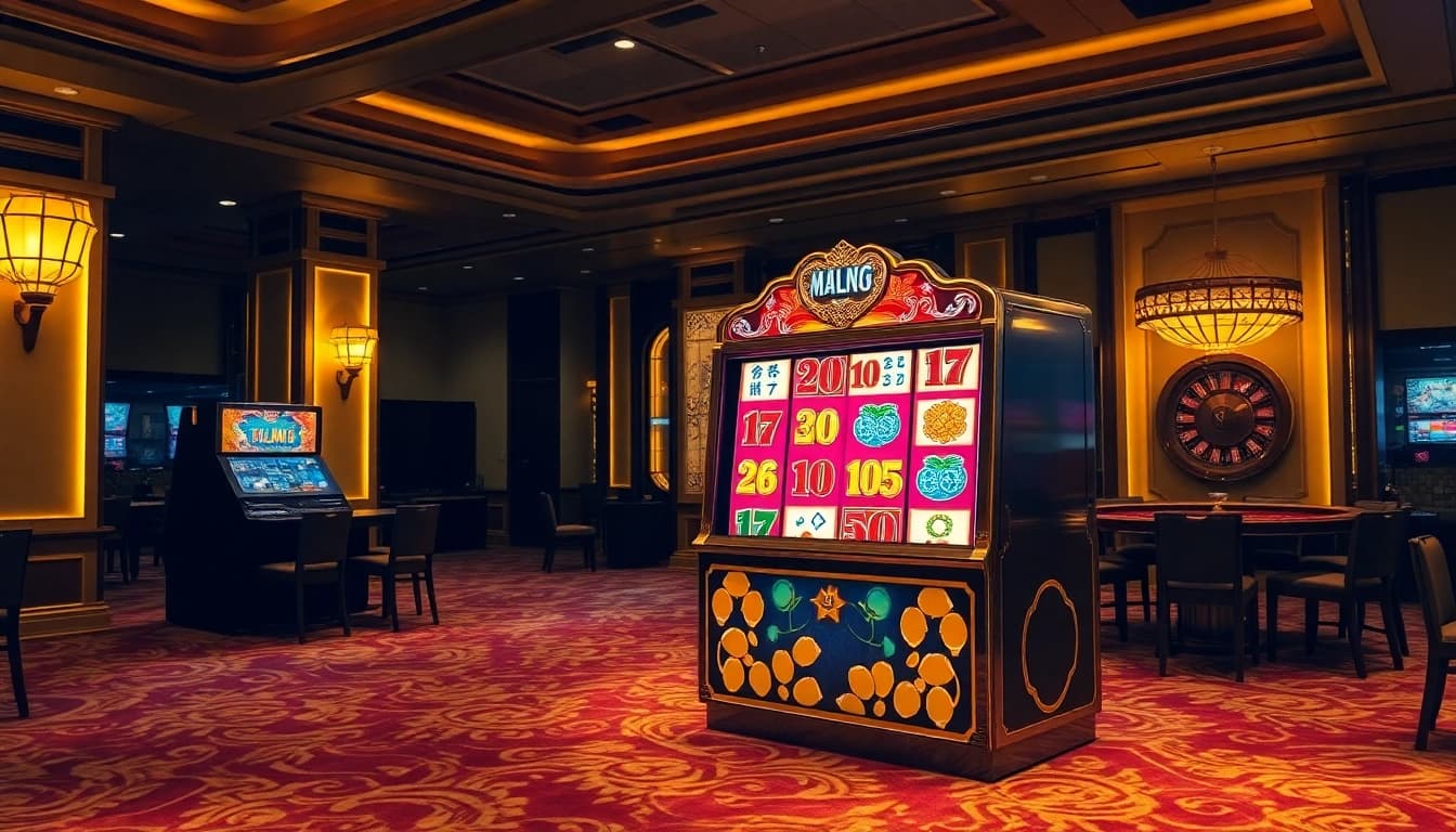 Spin the mahjong ways slot machine in a luxurious casino setting filled with vibrant symbols.